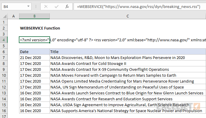 Excel WEBSERVICE Function