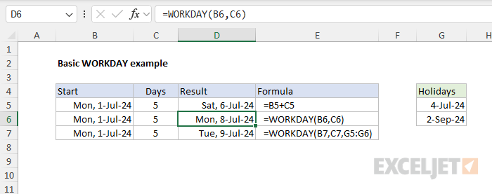Basic WORKDAY function example