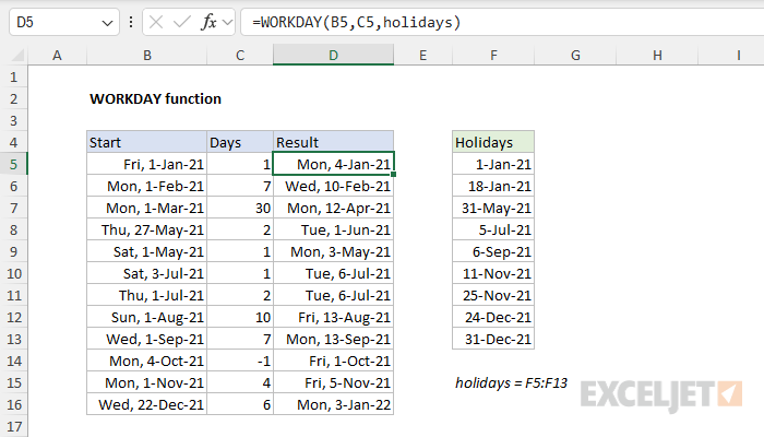 WORKDAY function worksheet example