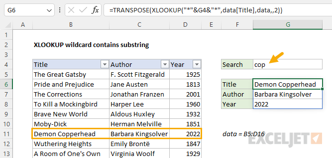 XLOOKUP - contains substring example