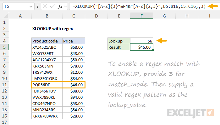XLOOKUP - regex match example