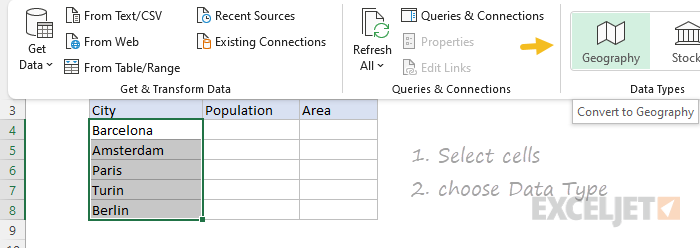 Select cells and choose Data Type