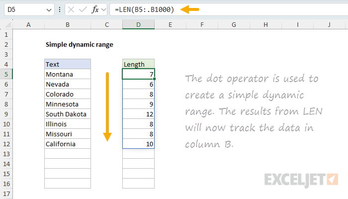 Converting a static range to a dynamic range with the dot operator