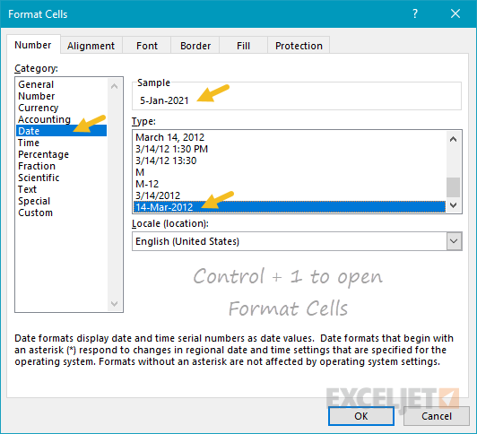 Formatting a date with Format Cells dialog box