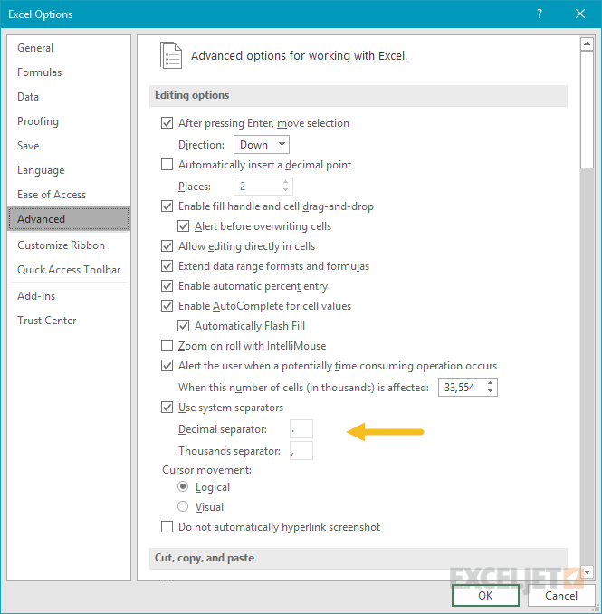 Excel list separator options