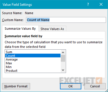 Pivot table basic count value field settings