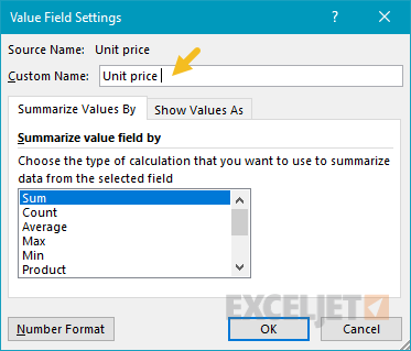 Unit Price value field settings