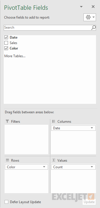 Pivot table count by month field list