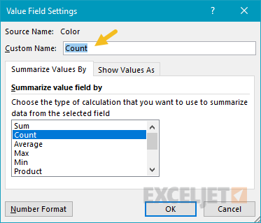 Pivot table count by year count settings