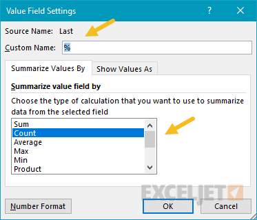 Pivot table count with percentage - percentage settings