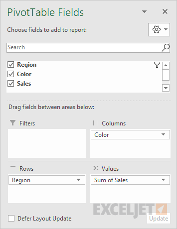 Field list used for pivot table as shown