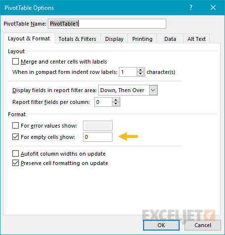 General pivot table settings - zero for empty cells
