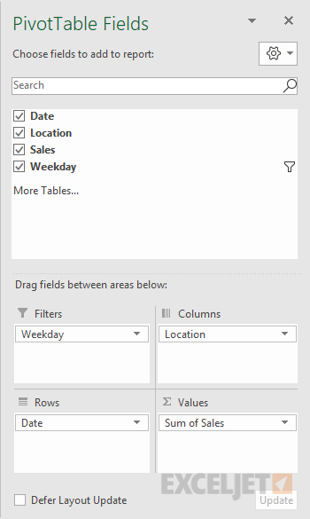 Pivot table filter by weekday field configuration