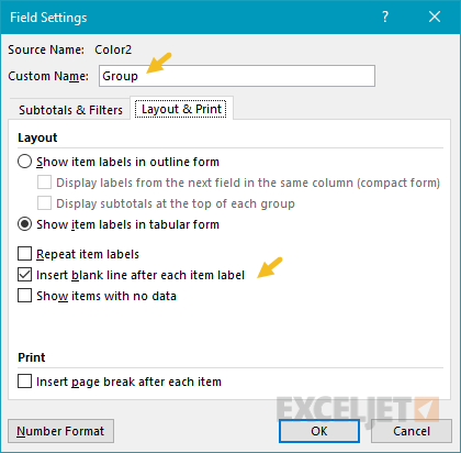 Grouping field set to insert blank line