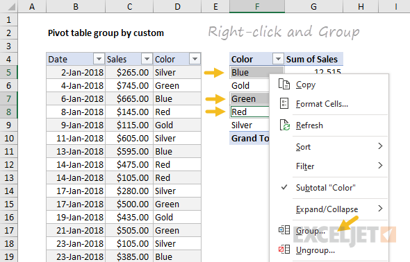 Select cells, then right-click and select Group
