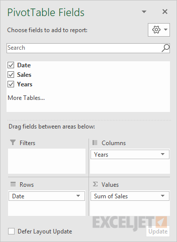 pivot table group by quarter field list