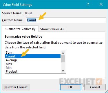 Value field settings - Issue renamed to "Count"