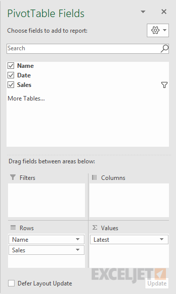 Pivot table latest values - field configuration