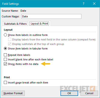 Check "Show items with no data" for Date field