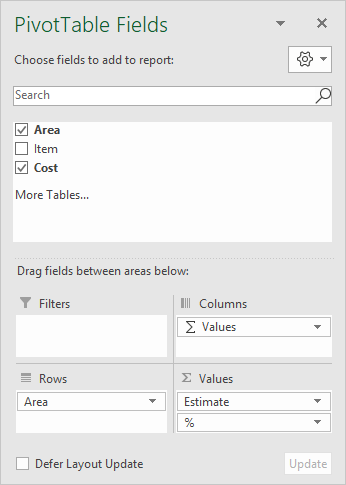 Field list for project estimate pivot table
