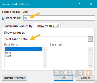 Cost value settings for percentage, renamed "%"