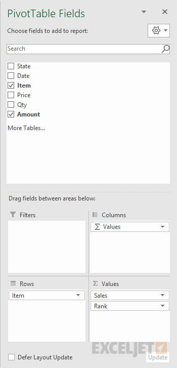 Pivot table rank example field configuration