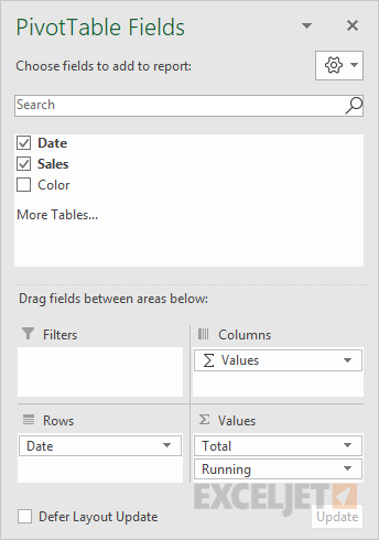 Field list for running total pivot table