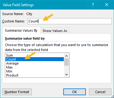 Pivot table show duplicates - value field settings