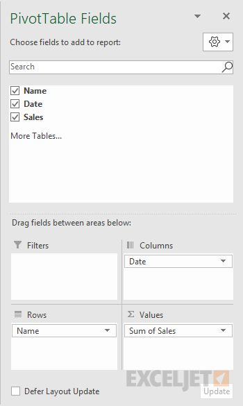 pivot table sum by month field configuration