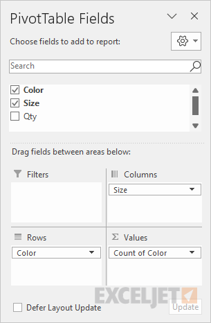 Pivot table two-way count Field list