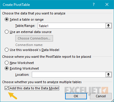 Pivot table unique count add to data model
