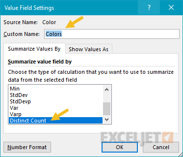 Pivot table unique count value field settings