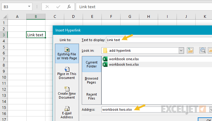 Example of add hyperlink - dialog box