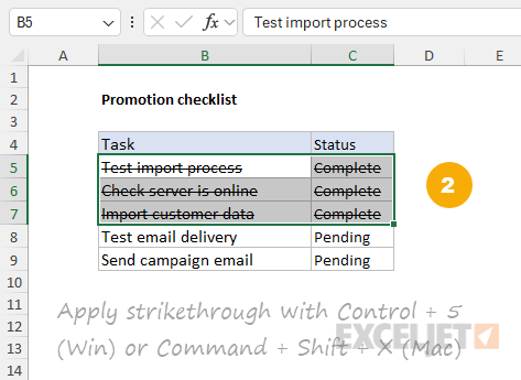 Step 2: Apply strikethrough with Control + 5 (Win) or Command + Shift + X (Mac)