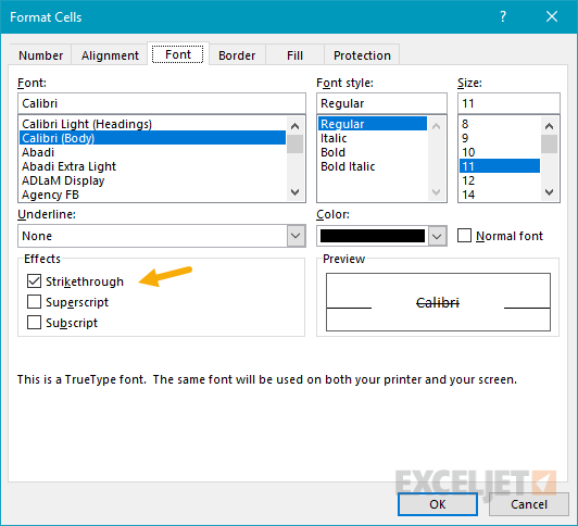 Format cells window with Strikethrough option enabled