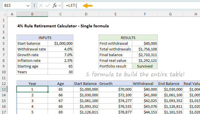 Modeling the 4% rule with a single dynamic array formula Modeling the 4% rule with a single dynamic array formula