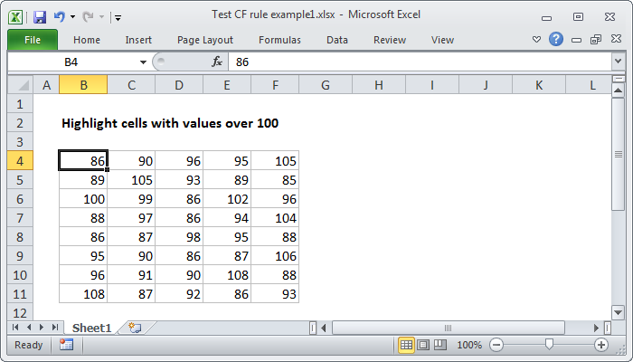 Problem - highlight values over 100 with a conditional formatting rule