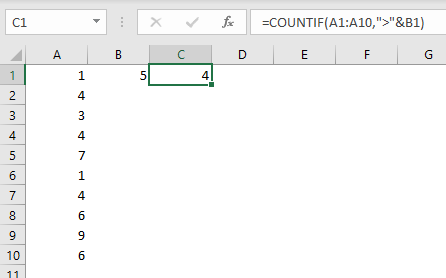 COUNTIF example - count greater than 5 with cell reference