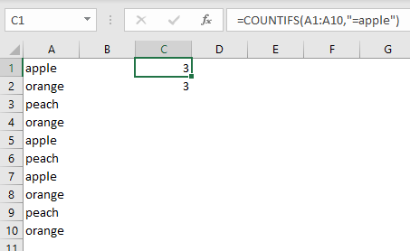 COUNTIFS example - count cells equal to "apple"