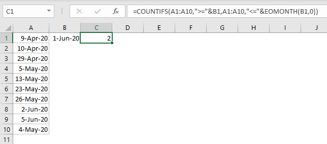 COUNTIFS example - count dates in june with cell reference