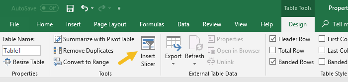 Insert slicer for an Excel Table