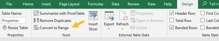 Convert a table back to a normal range