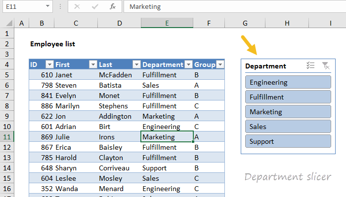 Excel Table with slicer added