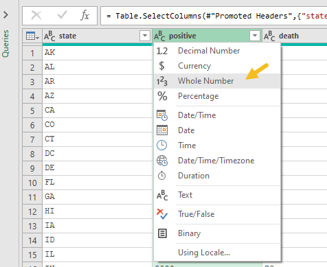 Change Type for each column