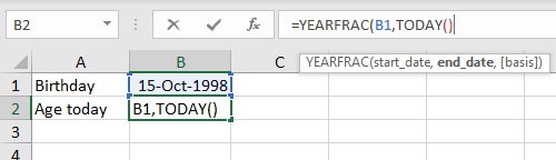 B1 for start date, the TODAY function to supply end date