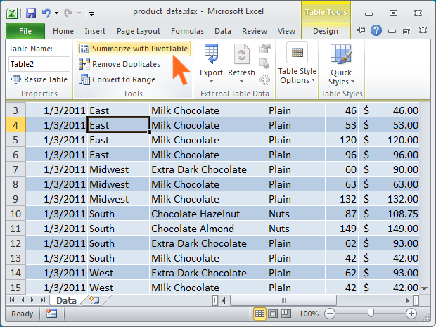 Now that we have a table, we can use Summarize with PivotTable