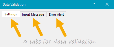 Data validation window has three main tabs