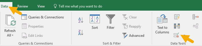 Data validation controls on the data tab of the ribbon