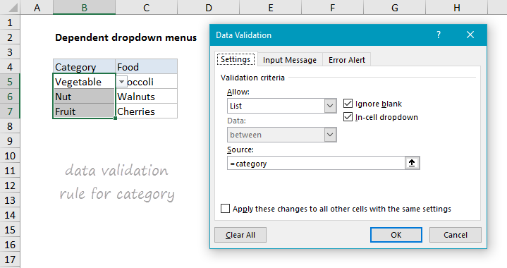 data validation rule for category