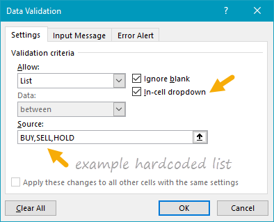 Data validation dropdown menu with hardcoded values